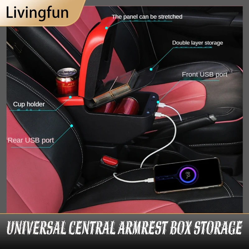 

Livingfun Double Layer 6USB Universal Armrest Box Car Central Armrest Box Retrofitting Accessories Central Control Armrest