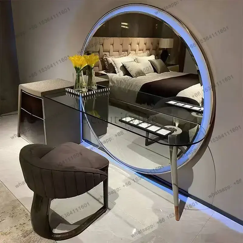 YJ Nordic Sturdy Large Dressing Table Round Modern Wooden Bedroom Hotel Vanity Desk Storage Luxury Toaletka Z Lustrem Furniture