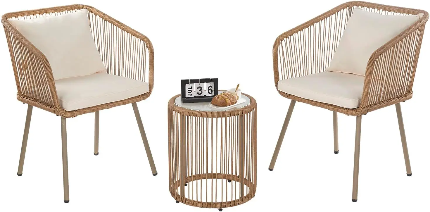 3-teiliges Rattan Bistro Möbel Set Terrasse Rattan Set Terrassen möbel Set Glas Couch tischplatte und 2 Stühle mit Kissen