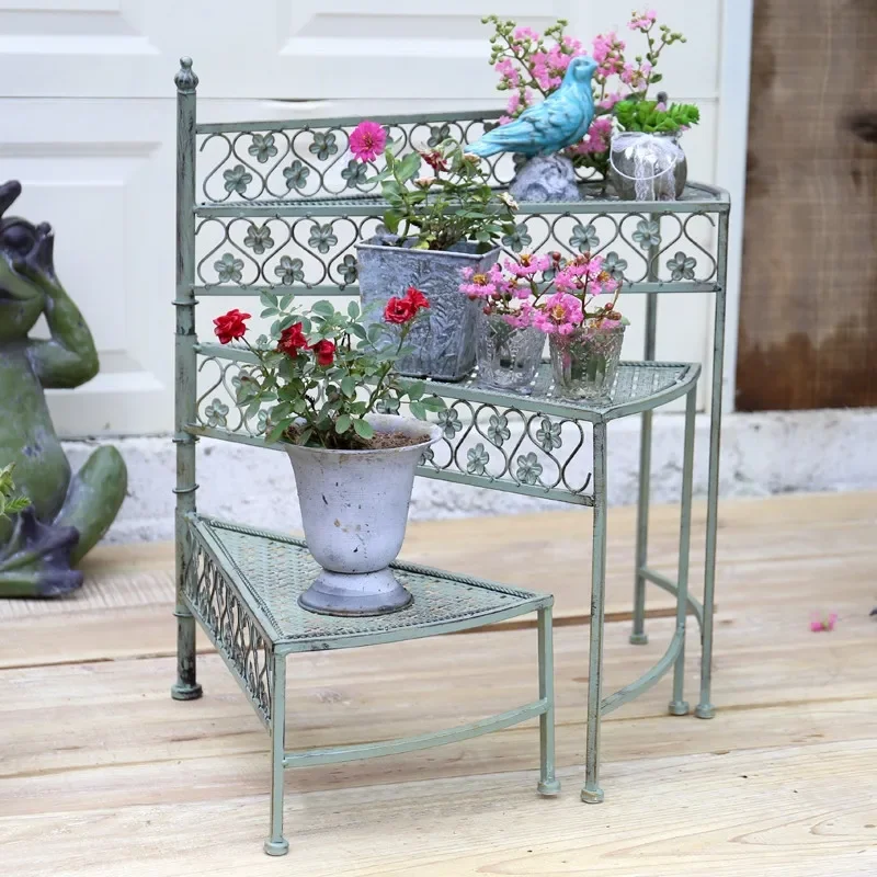 American Style Flower Holder Half Arc Trapezoidal Plant Stand 3 Layers Rotating Decorative Shelf Courtyard Balcony Display Rack