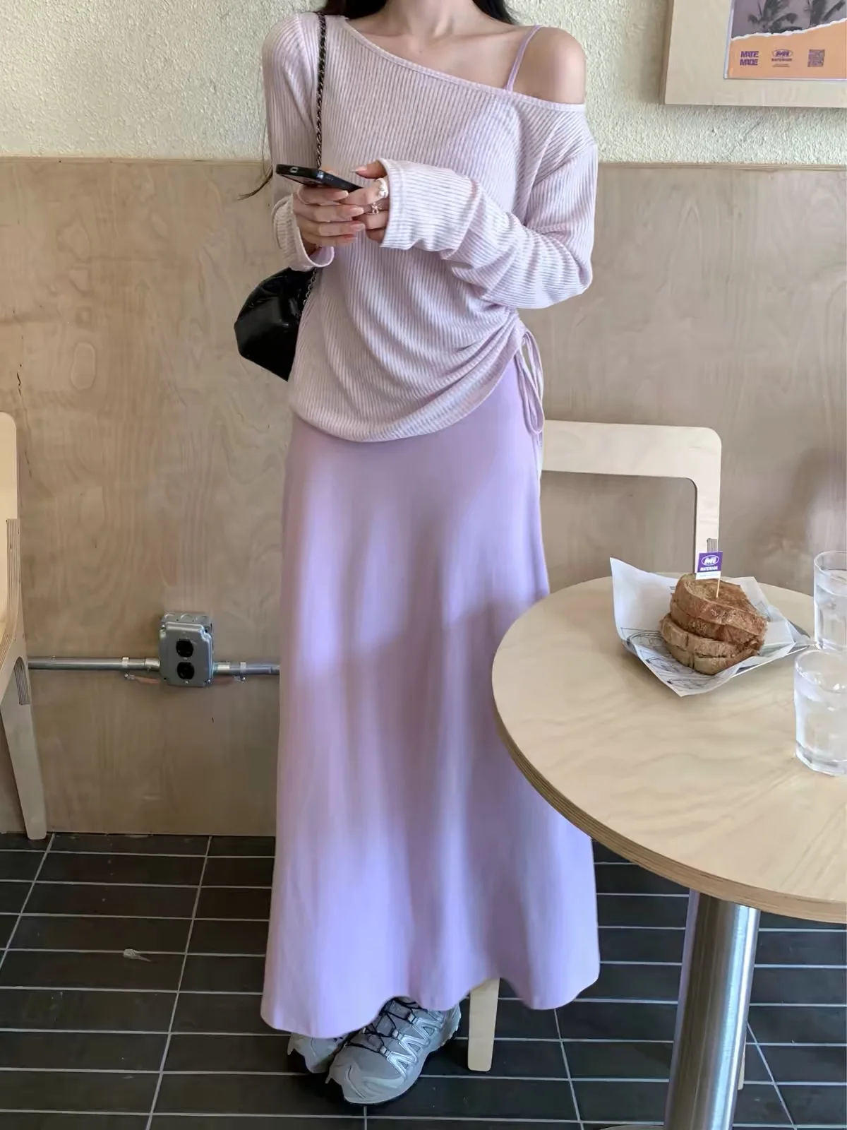 Lavender Long Sleeve Dress Women's Pre-Fall Lazy Style Two-Piece Set School Uniform Loose Fit City Commute Casual Daily Wear