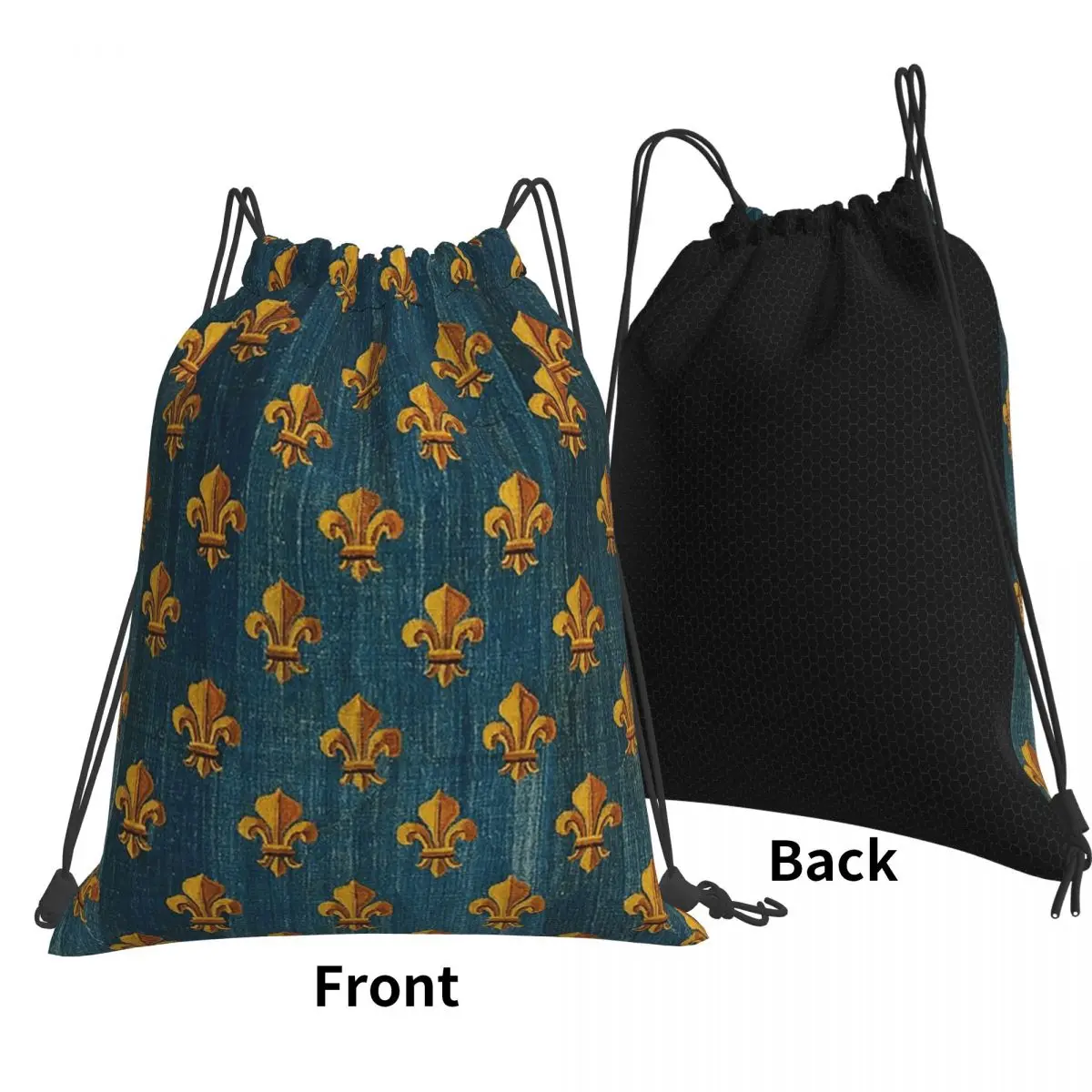 Gold Fleurs De Lys In Blue Antique French Tapestry Backpacks Drawstring Bundle Pocket Sports Bag Book Bags for Travel School