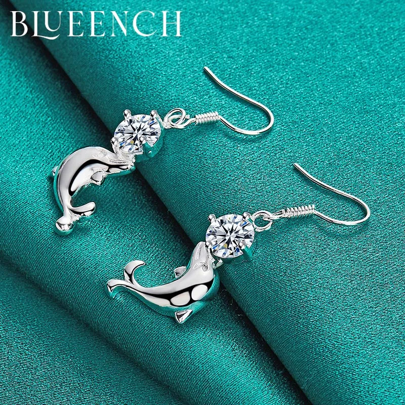 Blueench 925 Sterling Silver Zircon Dolphin Earrings for Women Engagement Wedding party Fashion Charm Jewelry