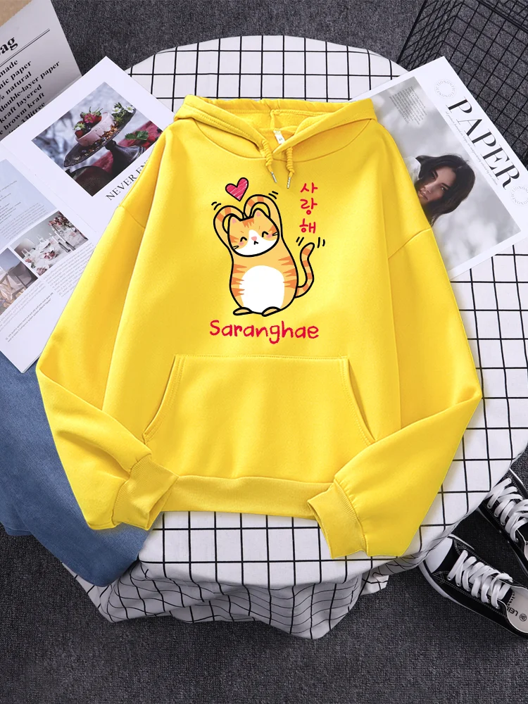 Love Cat Saranghae Print Womens Hoody Loose Kawaii Clothes Autumn Casual Hoodies Fleece Pocket Breathable Women Pullover Hoodie