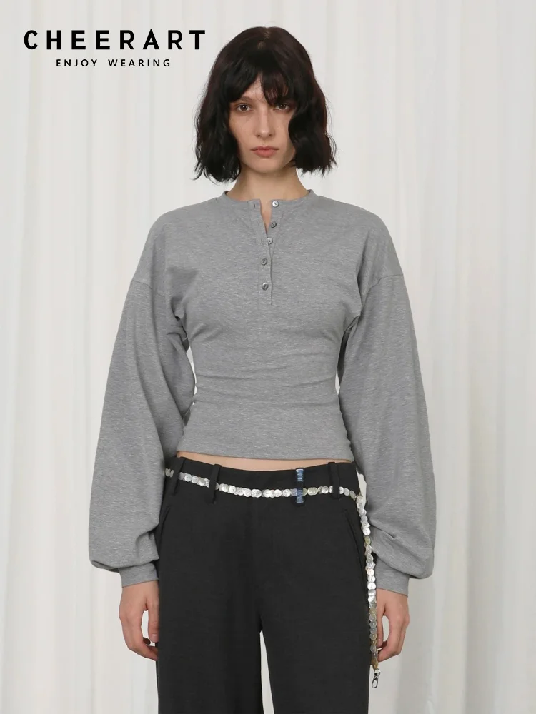 CHEERART Henry Neck Long Sleeve Top For Woman Lantern Sleeve Half Button Designer Crop Top Grey Black Fashion 2026 Fall Clothes
