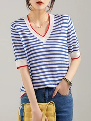 V-Neck Thin Knitted T Shirt Women Hit Color Patchwork Striped Tees Shirt Short Sleeve Summer Tops Korean Fashion Womens Clothing