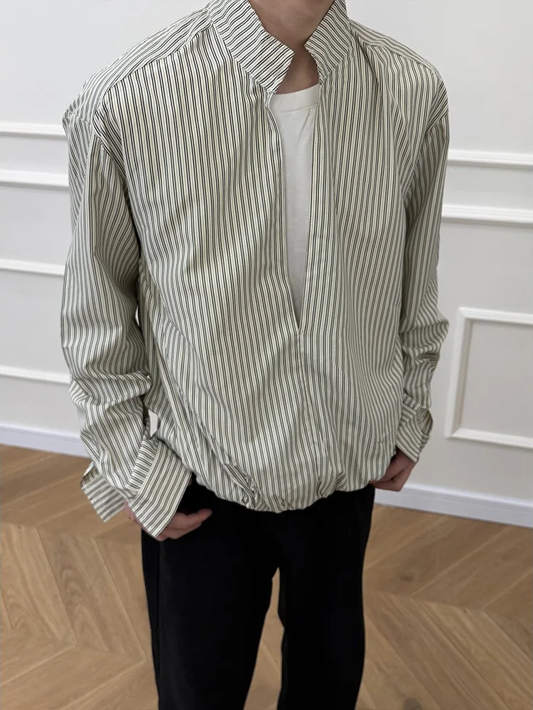 

New 2026 Striped Long Sve irt Loose Casual Stand Collar ex High nce Sensation Fake Two-Piece Upper Body