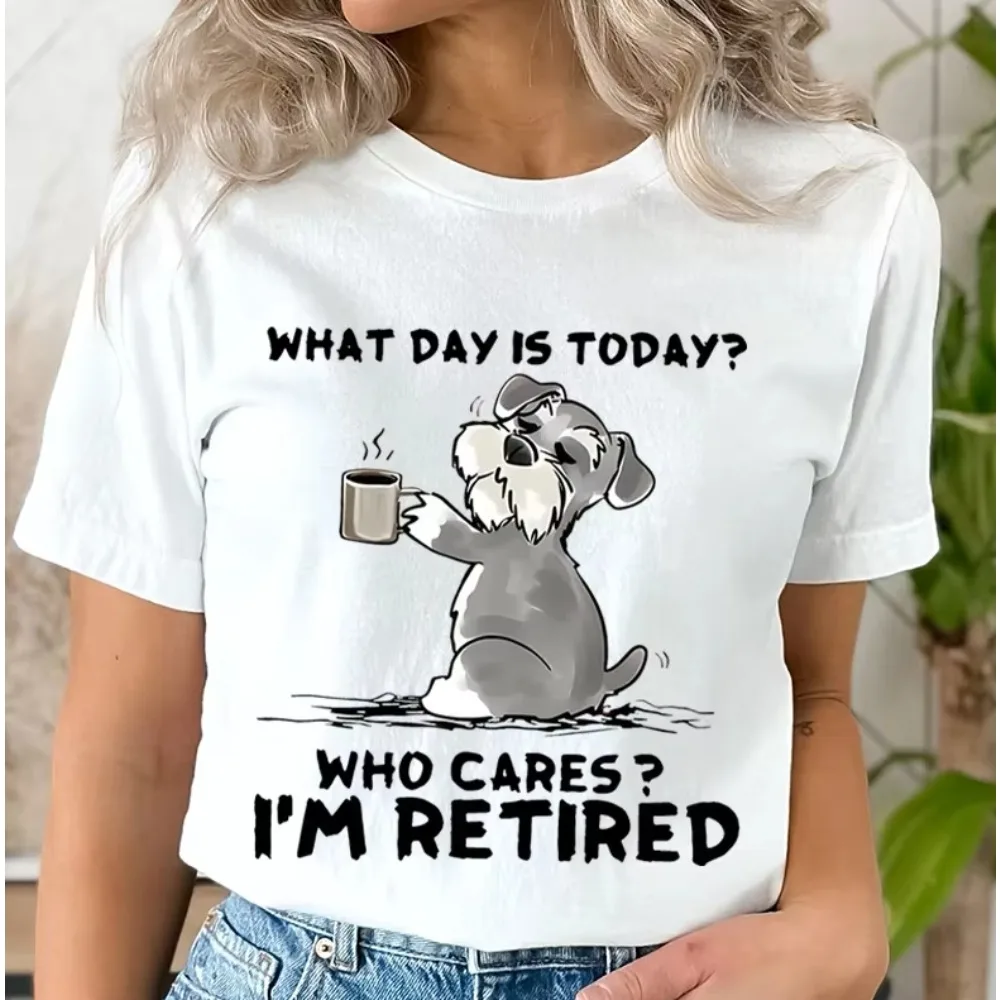 Funny Cat T-Shirt What Day Is Today Who Cares I'm Retired T-shirt Female Round Neck Clothes for Rest Days Graphic Tee