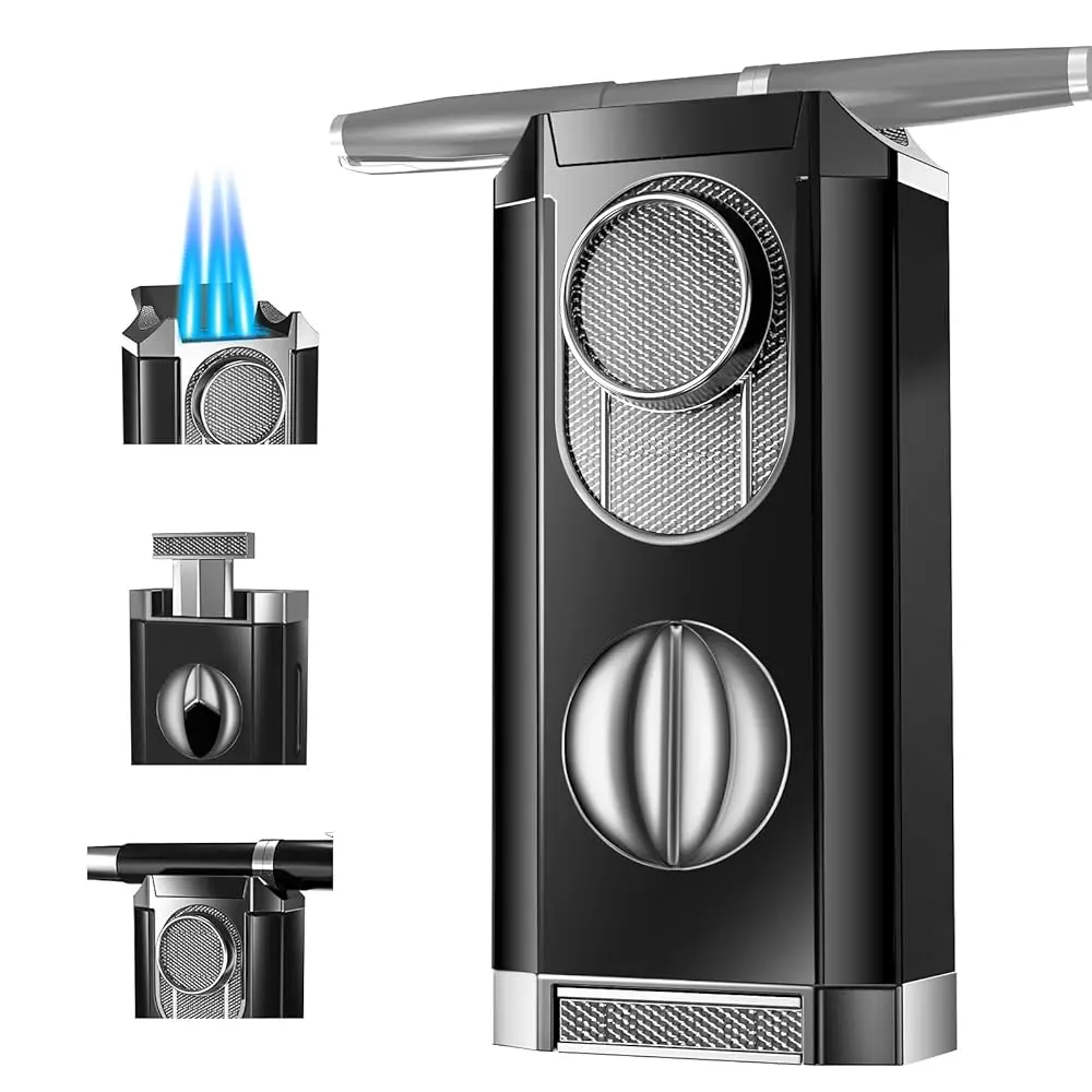 

Ailexpress Recommendation - All-in-One Triple Torch Lighter, Built-in V Cutter, Holder, Adjustable Windproof Jet Flames Lighter,