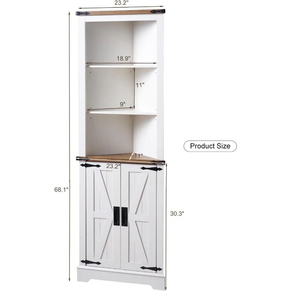 خزانة زاوية بطول 68 بوصة بنمط باب الحظيرة وأرفف قابلة للتعديل لغرف مختلفة