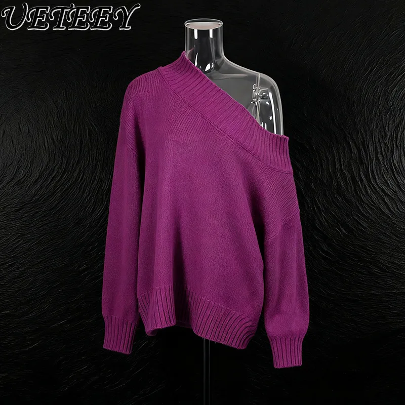 

French Style Off-Shoulder Knitted Sweater for Women 2026 New Solid Color Pullover Slimming Fashionable High-End Knitted Top