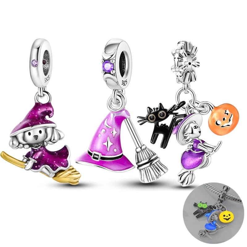 925 Sterling Silver Magician Witch Charms Fit Pandora Original Bracelet Diy Magic Hat Bead Broomstick Pendant for Bangle Making