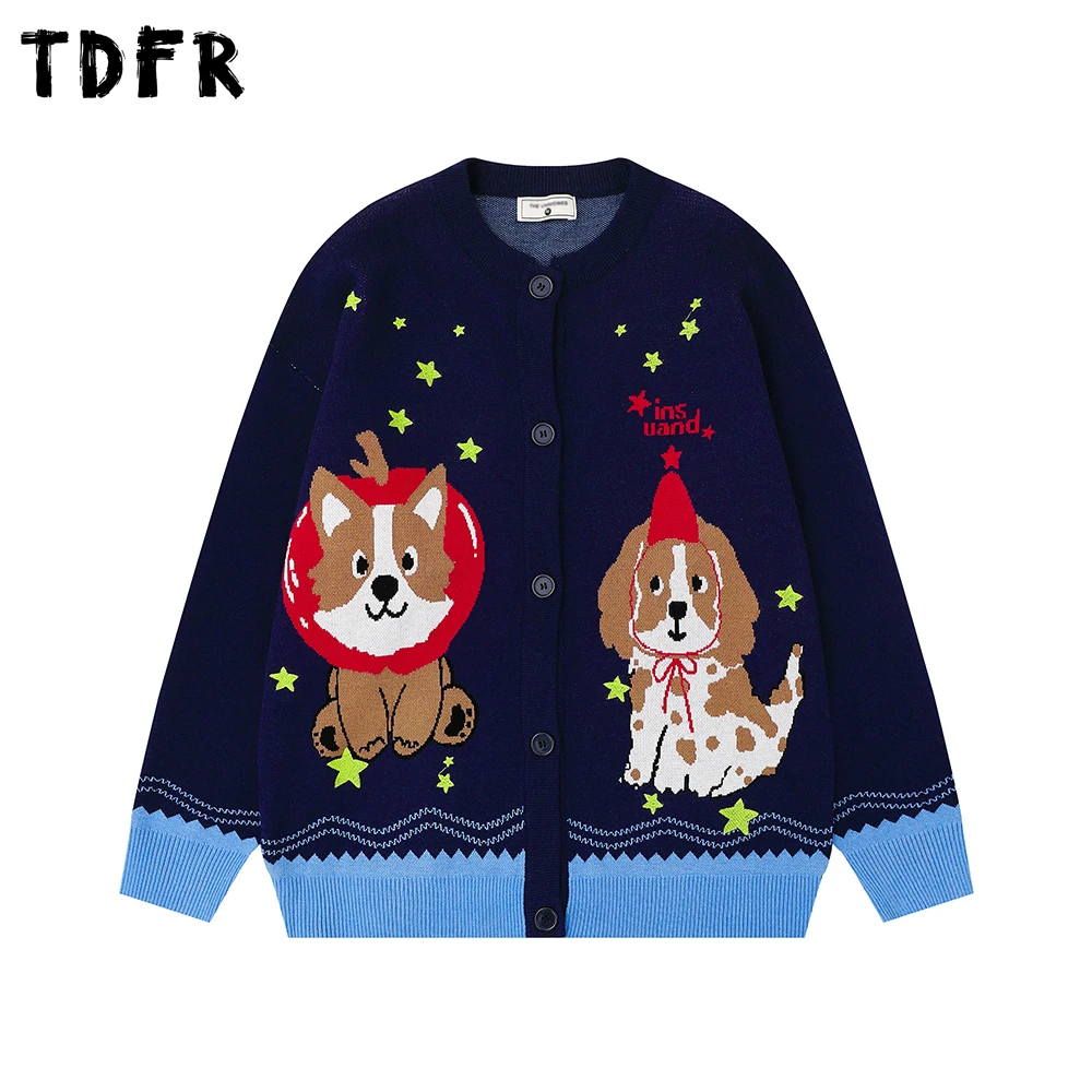 

Cartoon Puppy Sweatercoat Mens Color Block Autumn Winter Retro Casual Single Breasted Long Sleeve Crew Neck Knitted Cardigan Man
