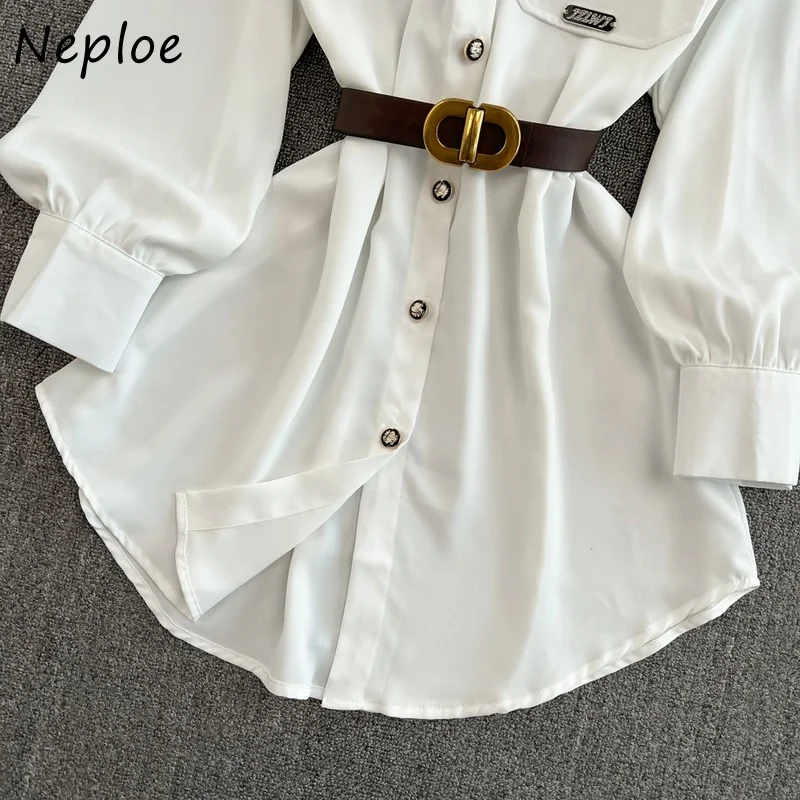 Neploe 2024 Spring New French Shirt Women Long Sleeve Temperament Mid-length Women\'s Tops Sashes Waist Single Breasted Shrts Top