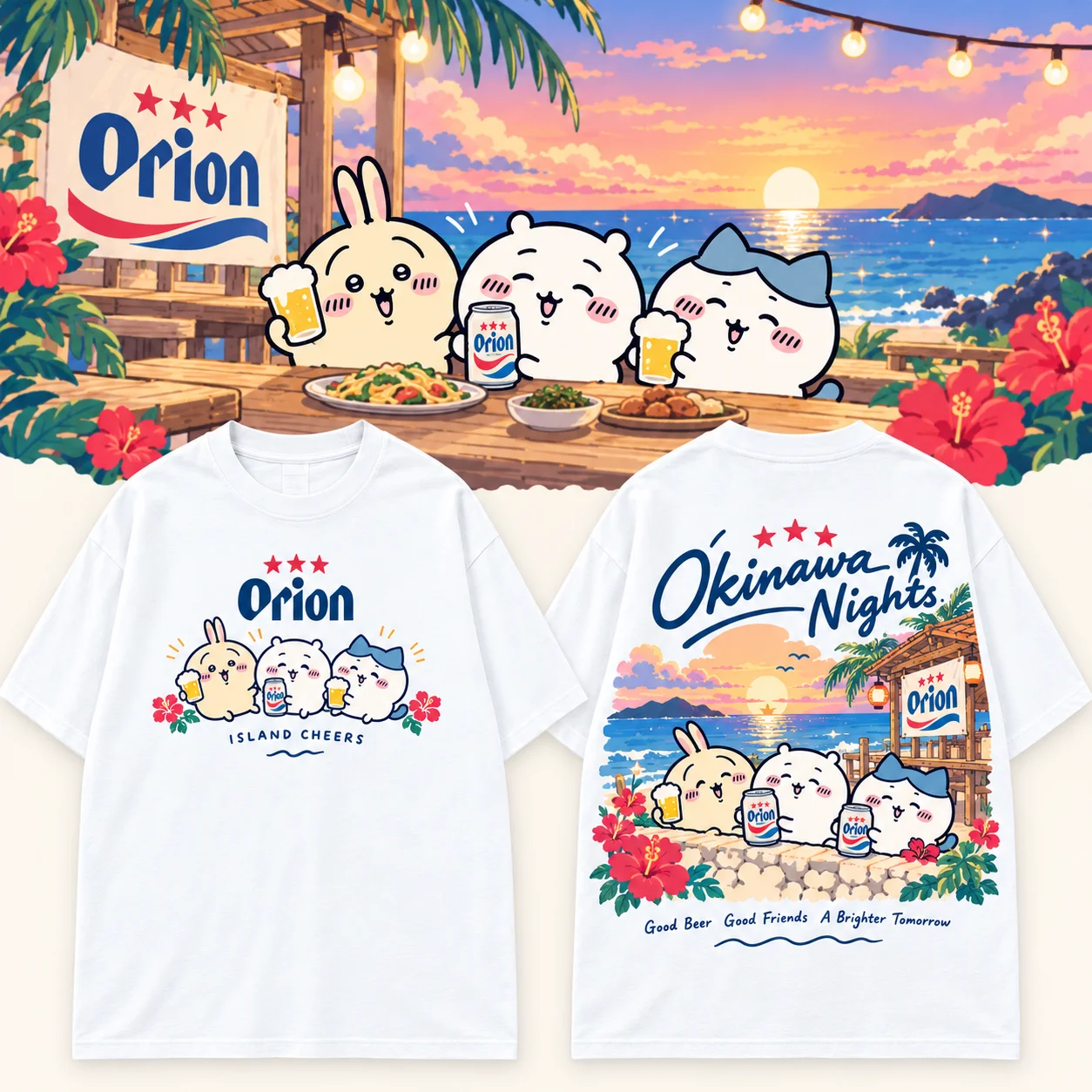 Chiikawa Cute Kawaii Okinawa Bier-T-Shirt für Herren und Damen, weiß, Retro, cooles Grafikdesign, Oversize, kurzärmelig, Streetwear-Oberteil – Detail 4