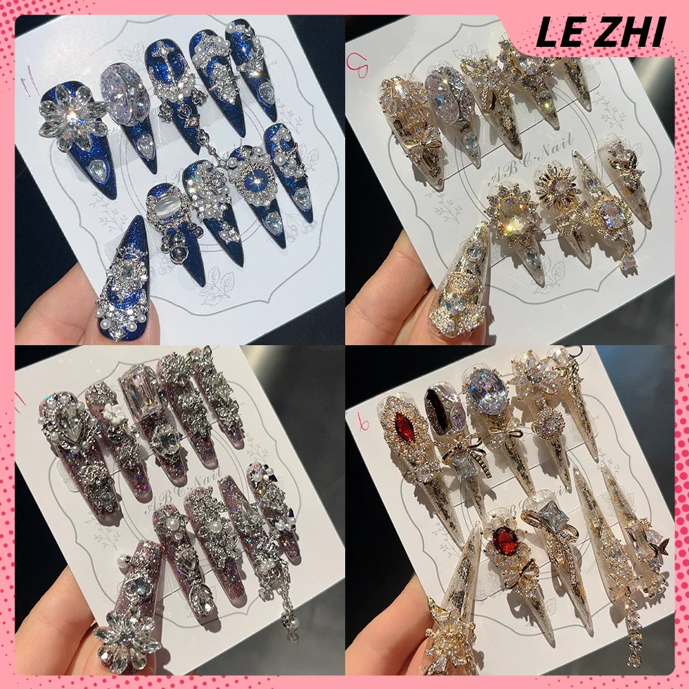 

10Pcs High Quality Luxury Court Handmade Full Cover Nails Glittering Diamond Chain Long Coffin Stiletto Wearable Fake Nail