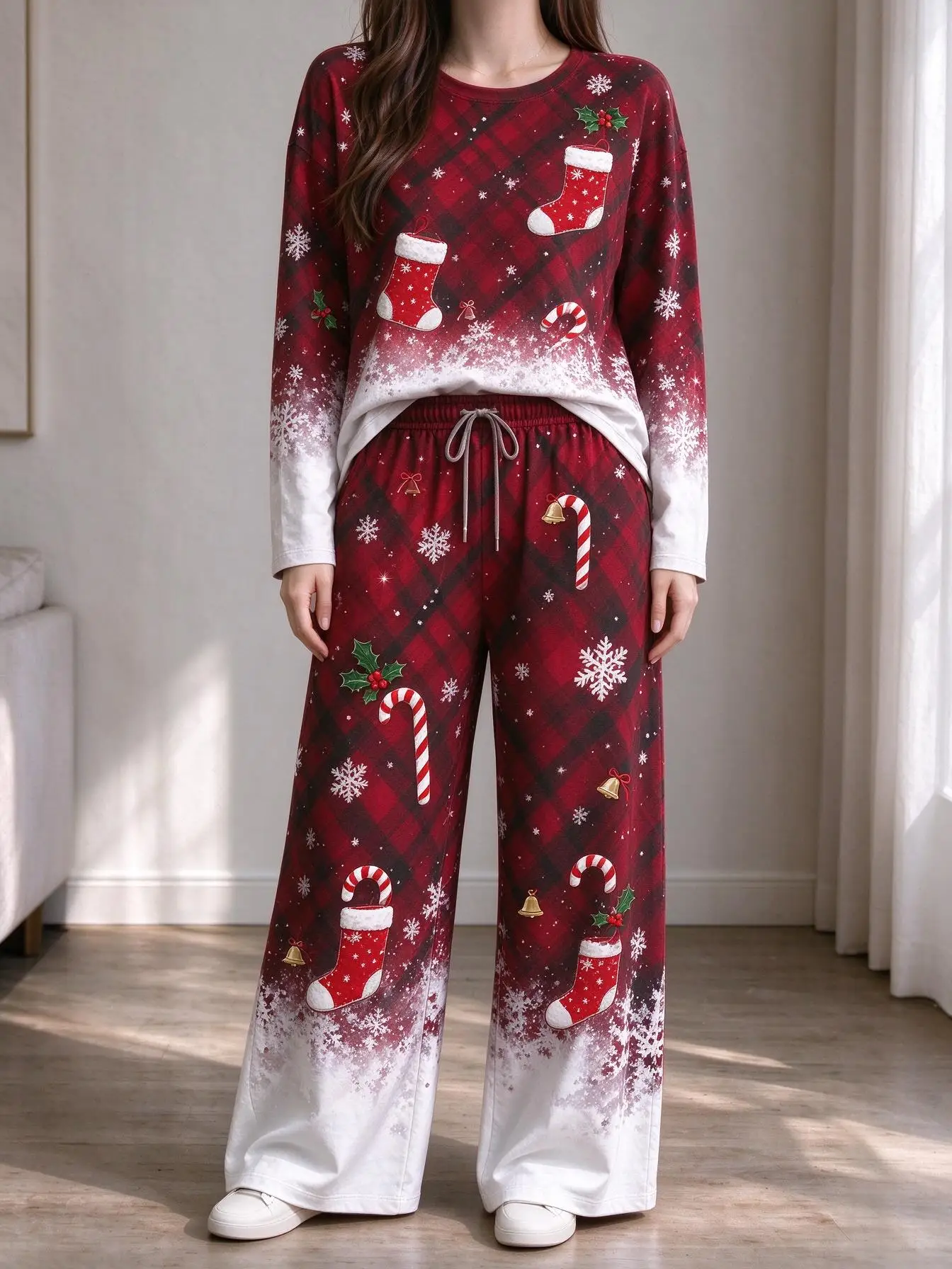 Women Imitation Cotton Loungewear Set Christmas Gradient Plaid Socks Candy Cane Snowflake All Over Print Long Sleeve Pajamas
