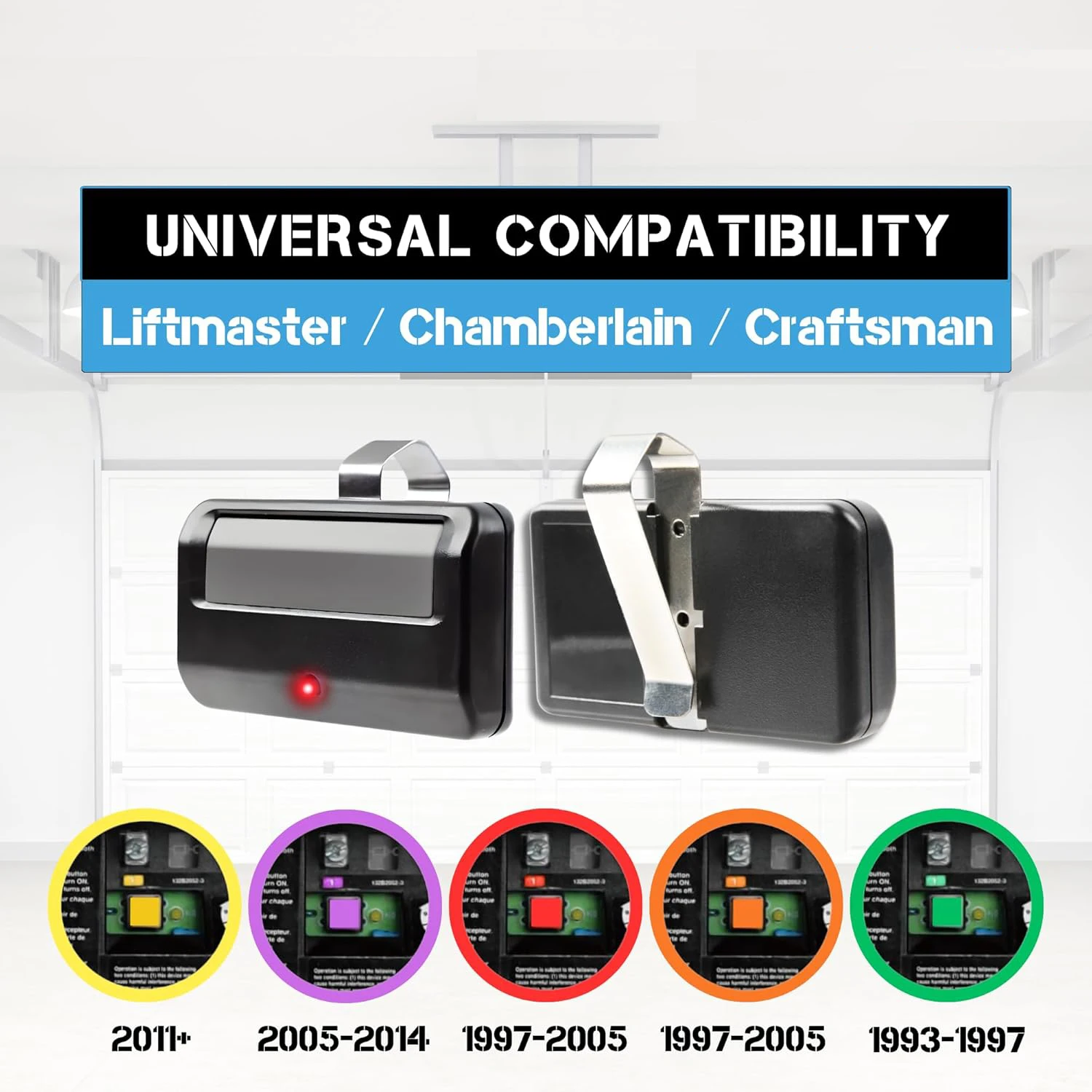 Universal Garage Door Opener Remote Control 3PCS 891LM for 5 Color Learn Buttons with Visor Clip