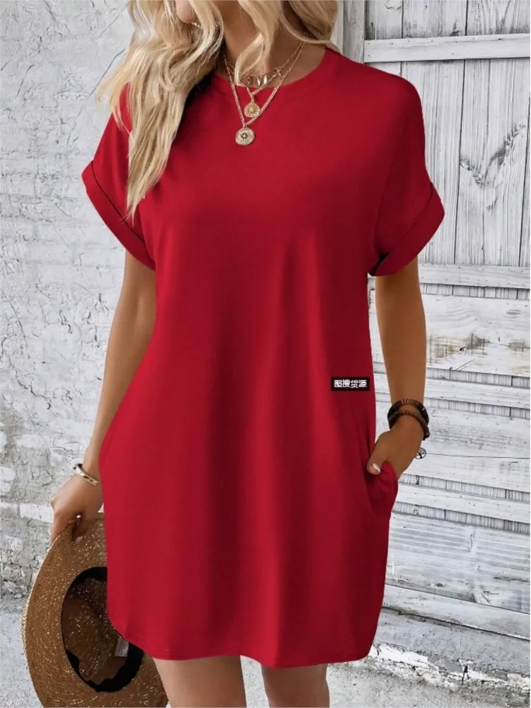 Summer New Fashion Boho Resort Style Pure Colors Beach Dresses For Women O Neck CasualLoose Short Sleeve Pocket Mini Dress