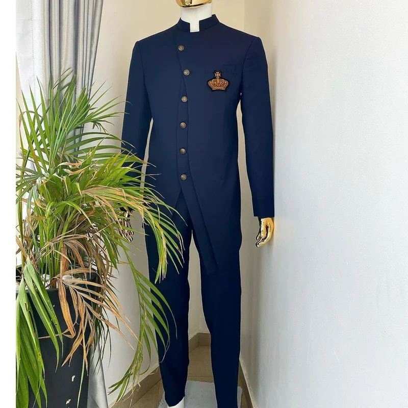 Safari Suits for Men 2 Pieces with Stand Collar Formal Groom Wedding Tuxedo Jacket with Pants African Custom Made Costume 2024