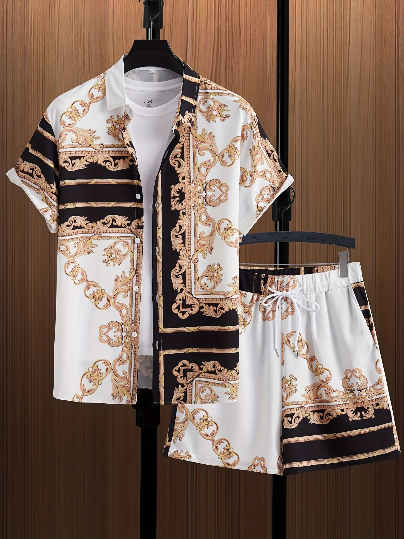 Conjunto de camisa con estampado 3d para hombre, traje Hawaiano de manga corta con rayas de Metal, pantalones cortos informales de gran tamaño para