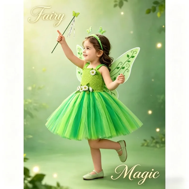

Floral Elf Fairy Tulle Tutu Dress Set With Iridescent Wings Magic Wand Holiday Birthday Carnival Stage Show Cosplay Outfit