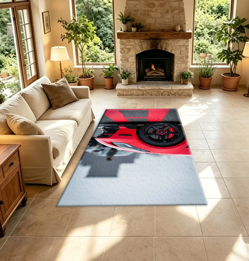 Red Sports Supercar Track Carpet Flooring Modern Car Art Floor Carpet Suitable for Home Room Decoration