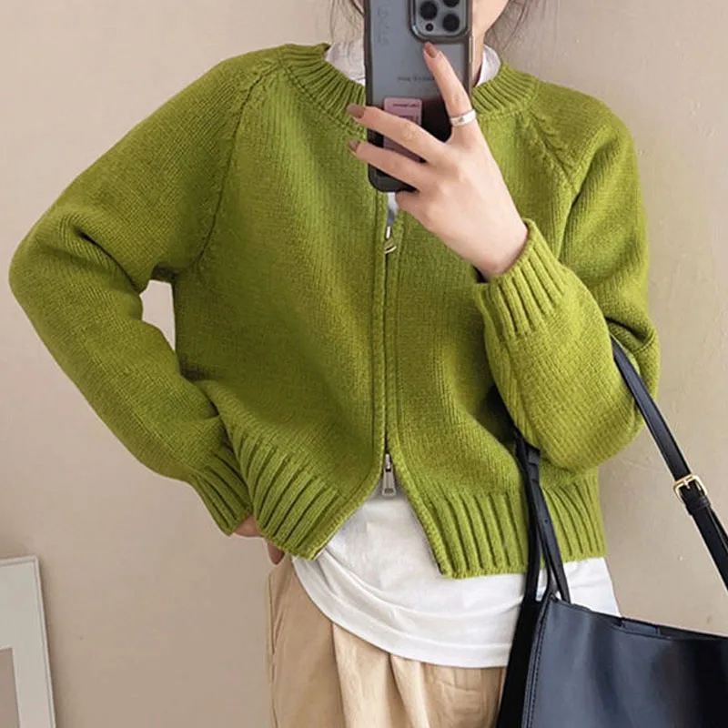 Korean Simplicity Solid Color Zipper Knitted Cardigan Autumn Winter Loose All-match Long Sleeve Sweaters Coat Women\'s Clothing