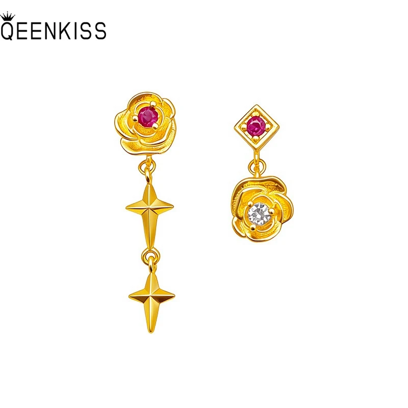 QEENKISS 24KT Gold Rose Star Tassel Stud Earrings For Women Wedding Party Birthday Christmas Bride Mother Girl Lady Gifts EG5572