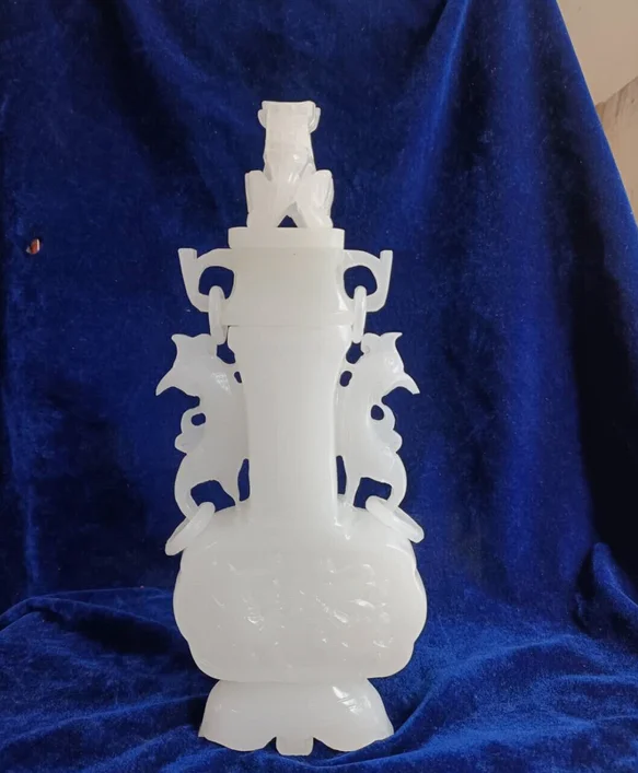 Chinese Hand-carved Natural Afghanistan Jade Dragon phoenix statue Vase 21476