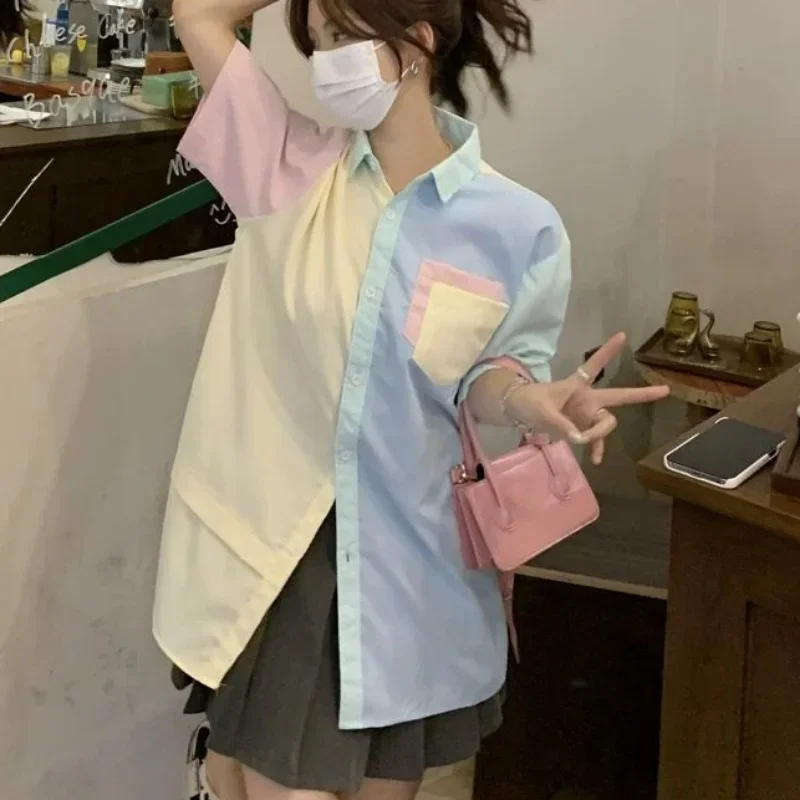 Shirt Women Summer Patchwork Sweet Lovely Футболка Женский Loose Cozy Design Fashion Chic Popular Classic Teenagers All-match