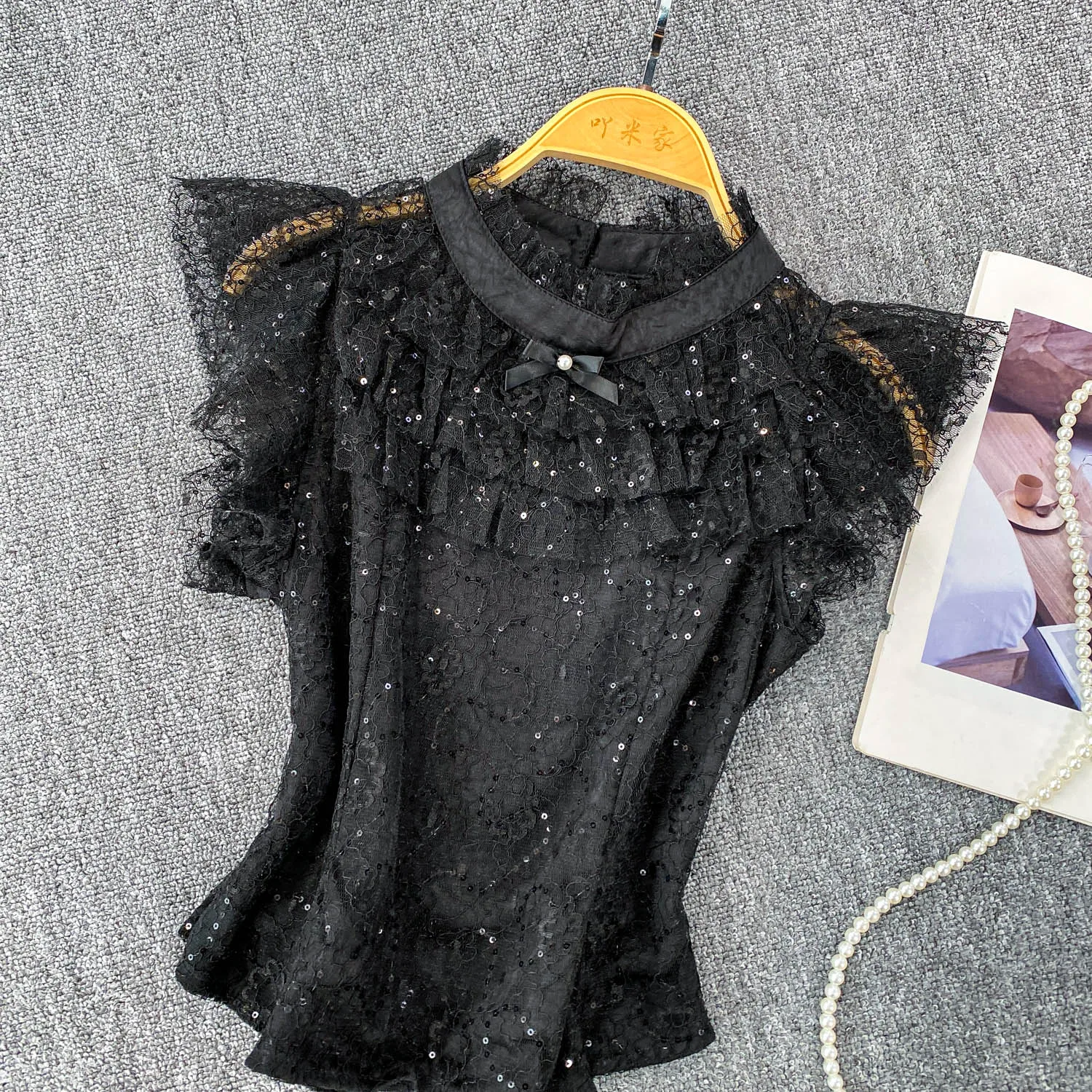 ヴィンテージグリッタースパンコール甘いレース O ネックショート Tシャツスリムエレガントなファッションオフィスレディクロップトップセクシーな女性トップ