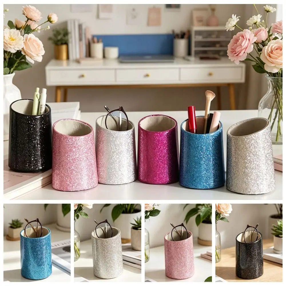 Shiny PU Glasses Display Stand Waterproof Cylindrical Glasses Holder Soft Surface Glitter Finish Makeup Brush Cup Vanity Table