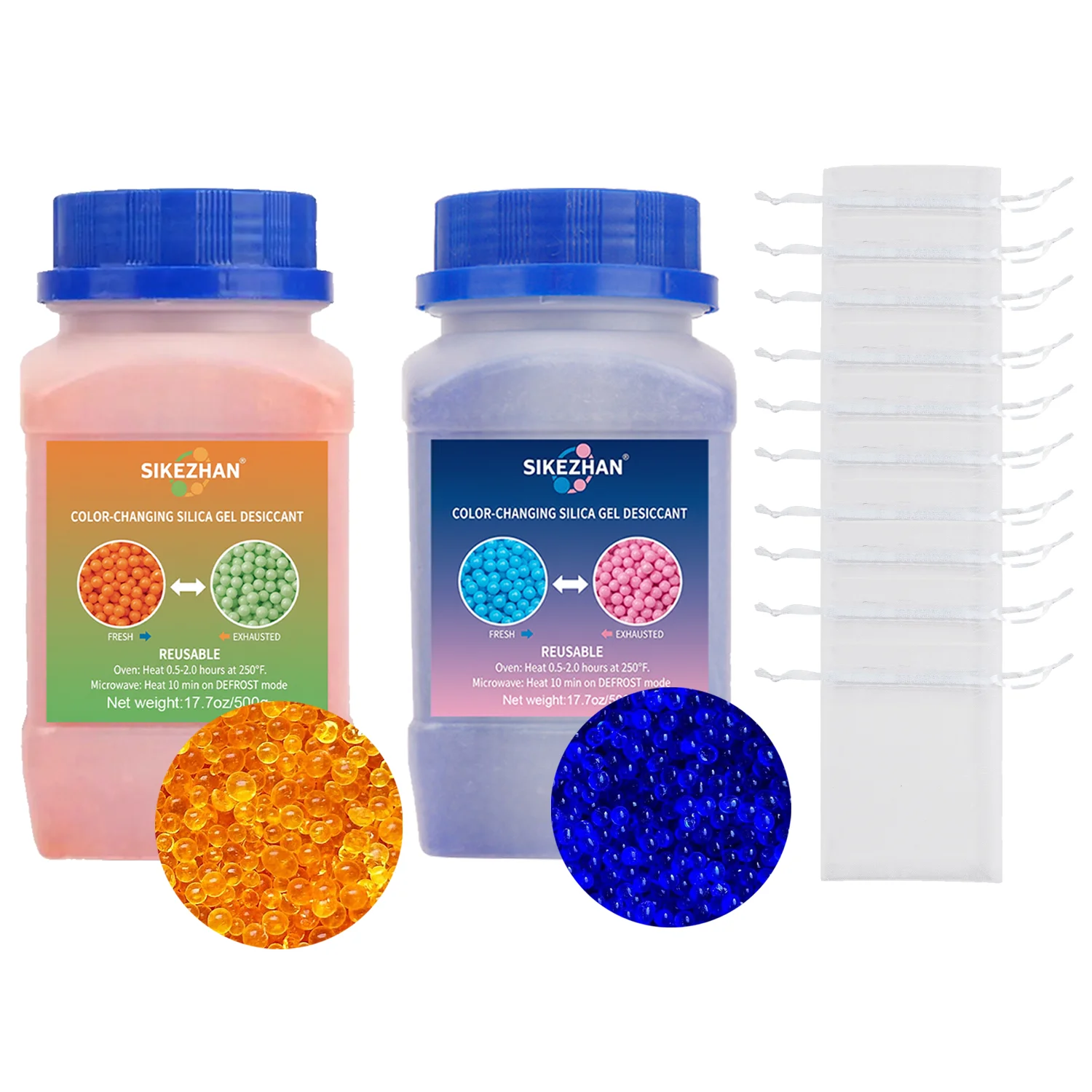 Orange und blau mit Silikagel-Trockenmittelperlen, 3–5 mm, wiederverwendbarer Massen-Luftentfeuchter für 3D-Drucker, Elektronik, Kamera, Schmuck