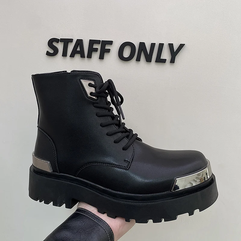 British Style Black High Top Boots Men Fashion Chunky Platform Boots Women Men Luxury Leather Shoes Punk Motorcycle Tooling Boot