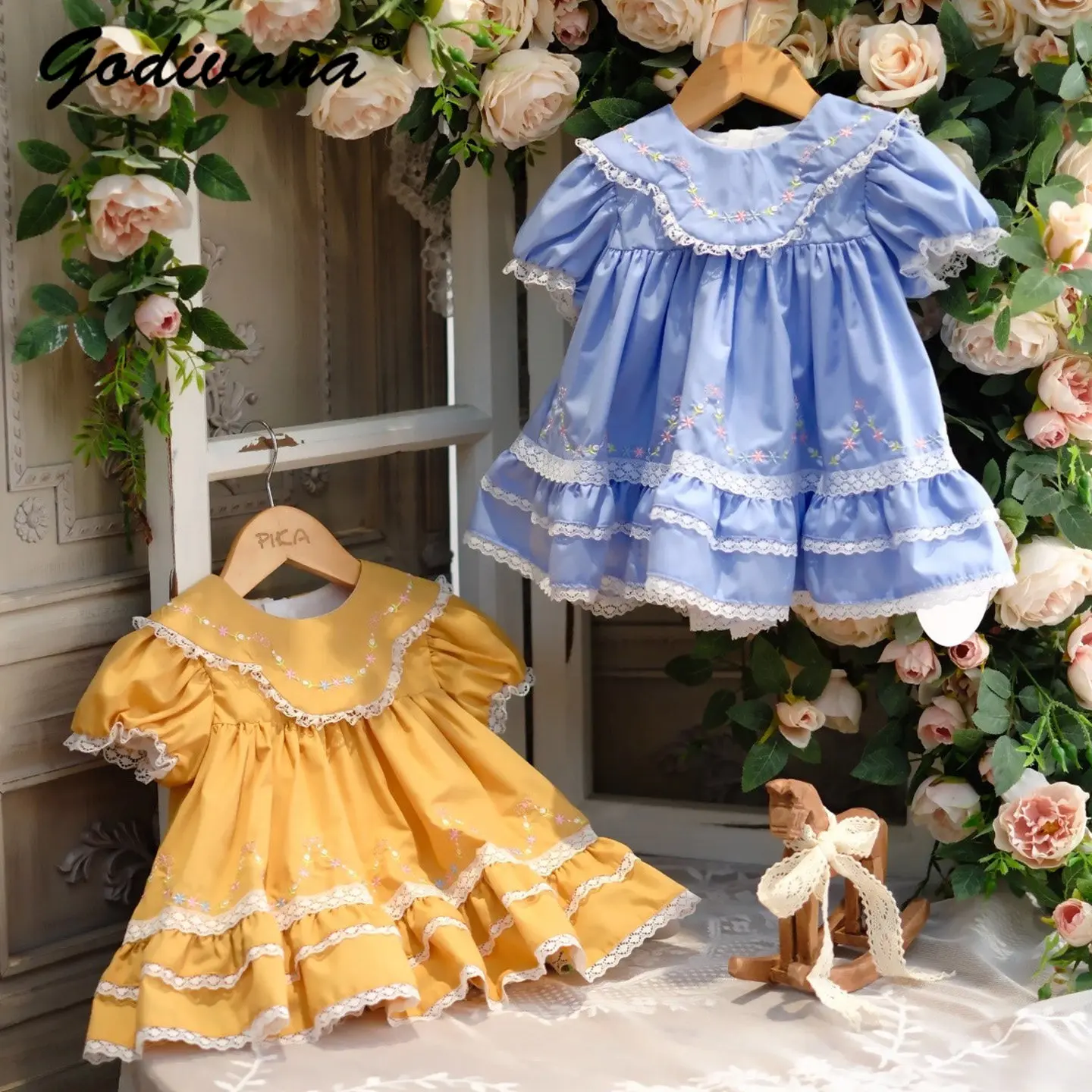 Original Sweet Baby Girls Vintage Fashion Casual Dress 2026 Summer New Kids High End Embroidery Lace Trim O-neck Daily Dress