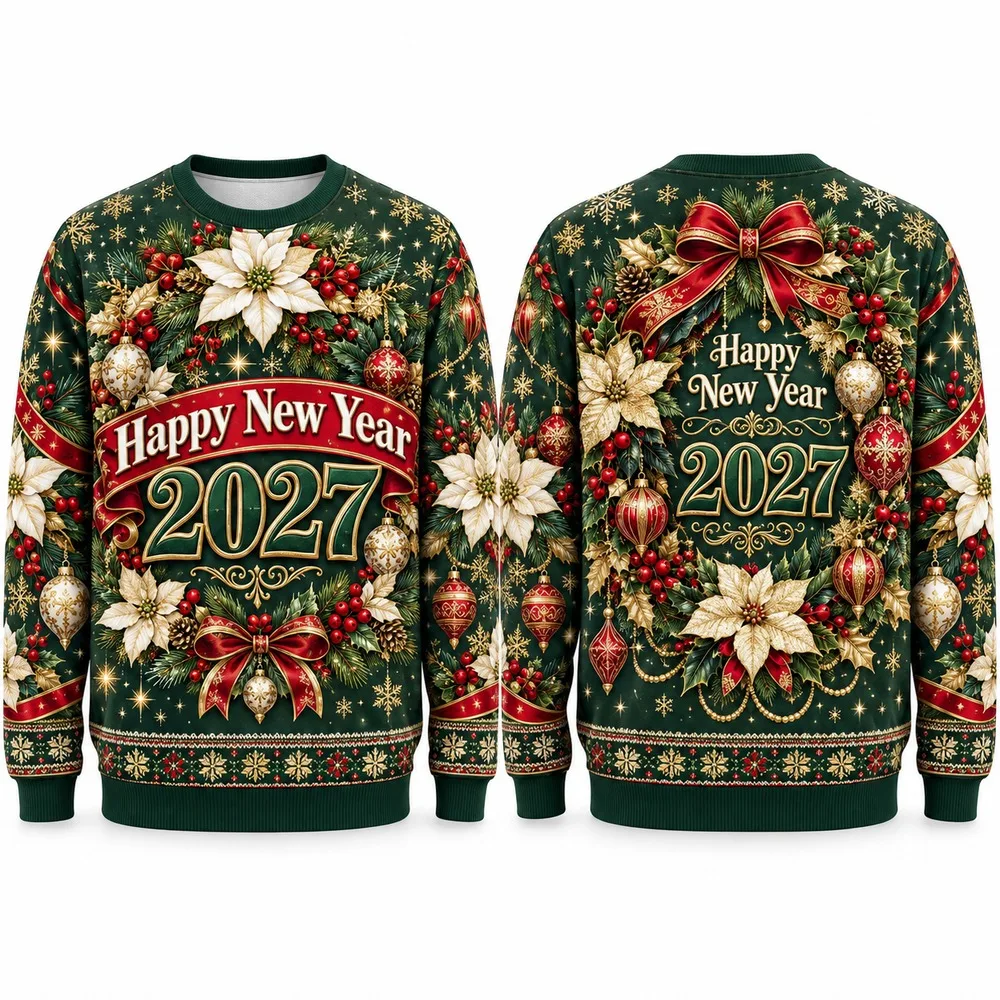 Poinsettia Flowers Frame Happy New Year 2027 on Sweaters with an Ugly Christmas Sweater Print of Holly Ribbons and Bells