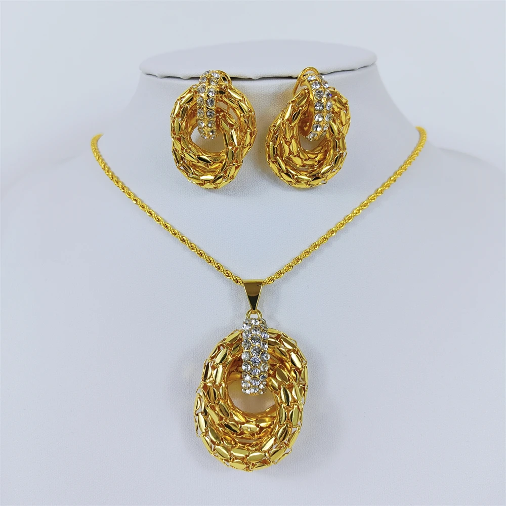 ESALE Hot Sale Gold Plated Jewelry Set For Women Simple Fashion Dubai Jewelry Luxury Design Necklace Earrings Pendant Set