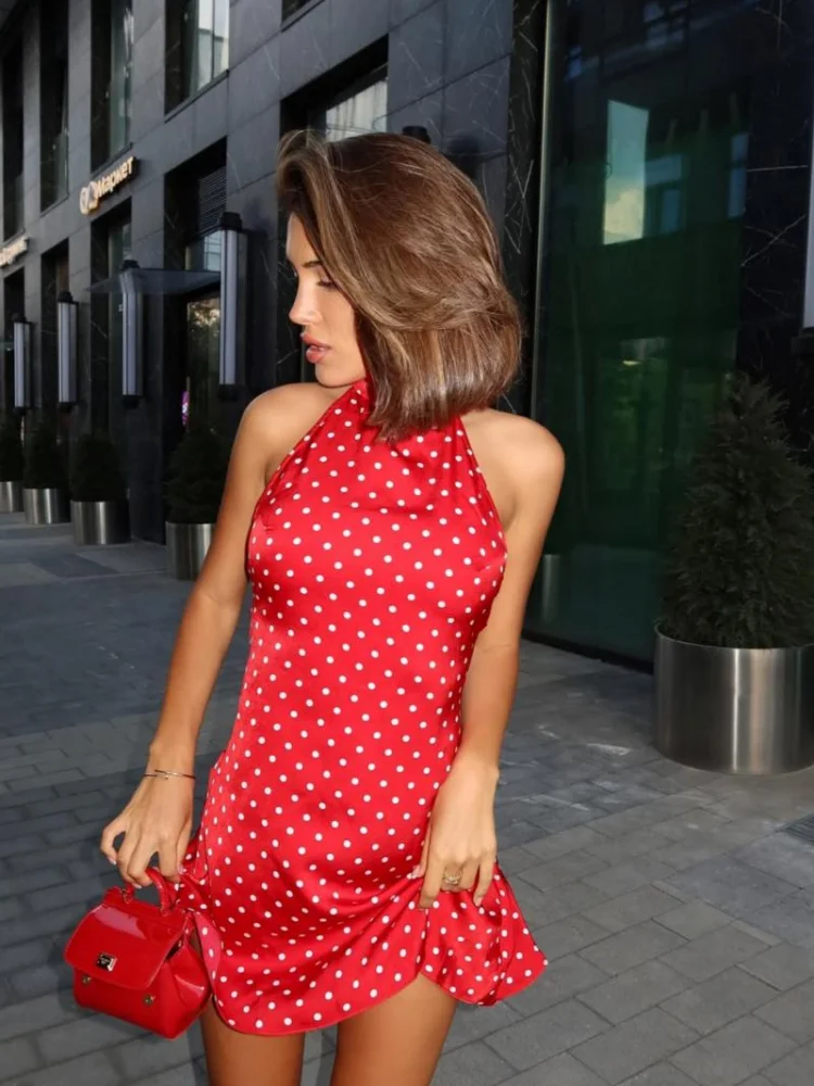 Polka Dot Printed Mini Halter Dress Backless Sleeveless A Line Short Robes Casu…