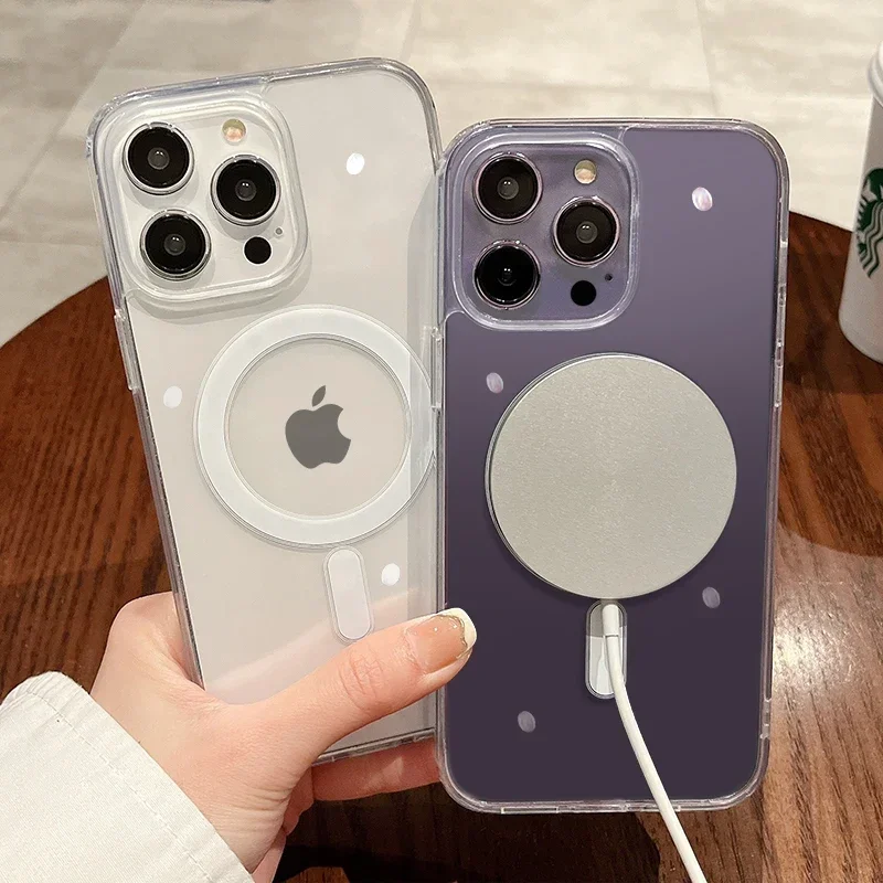 Capa de Carregamento Sem Fio Magnética Magsafe, Capa Acrílica para iPhone 16, 15, 14, 13, 12 Mini, 11 Pro, XS Max, XR, X, 8 Plus, SE, 2, 3, borda TPU