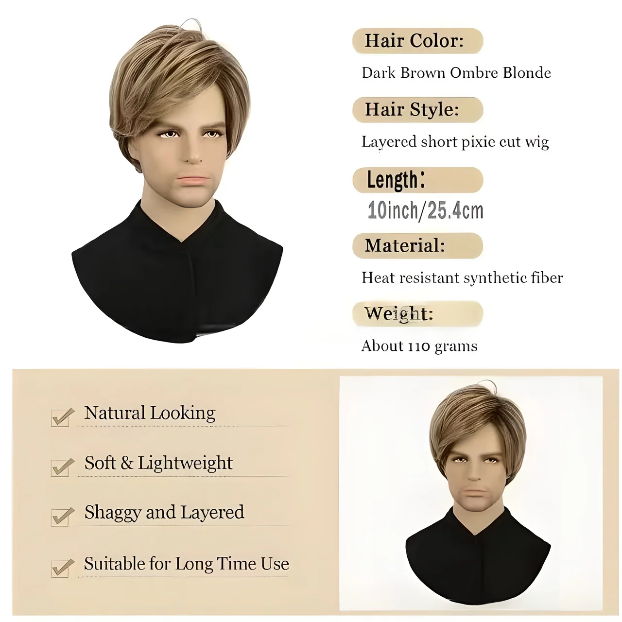 Mens Short Haircuts Dark Brown Ombre Blonde Wig Natural Straight Hairstyles Synthetic Man Male Wig with Side Bangs Daily Party