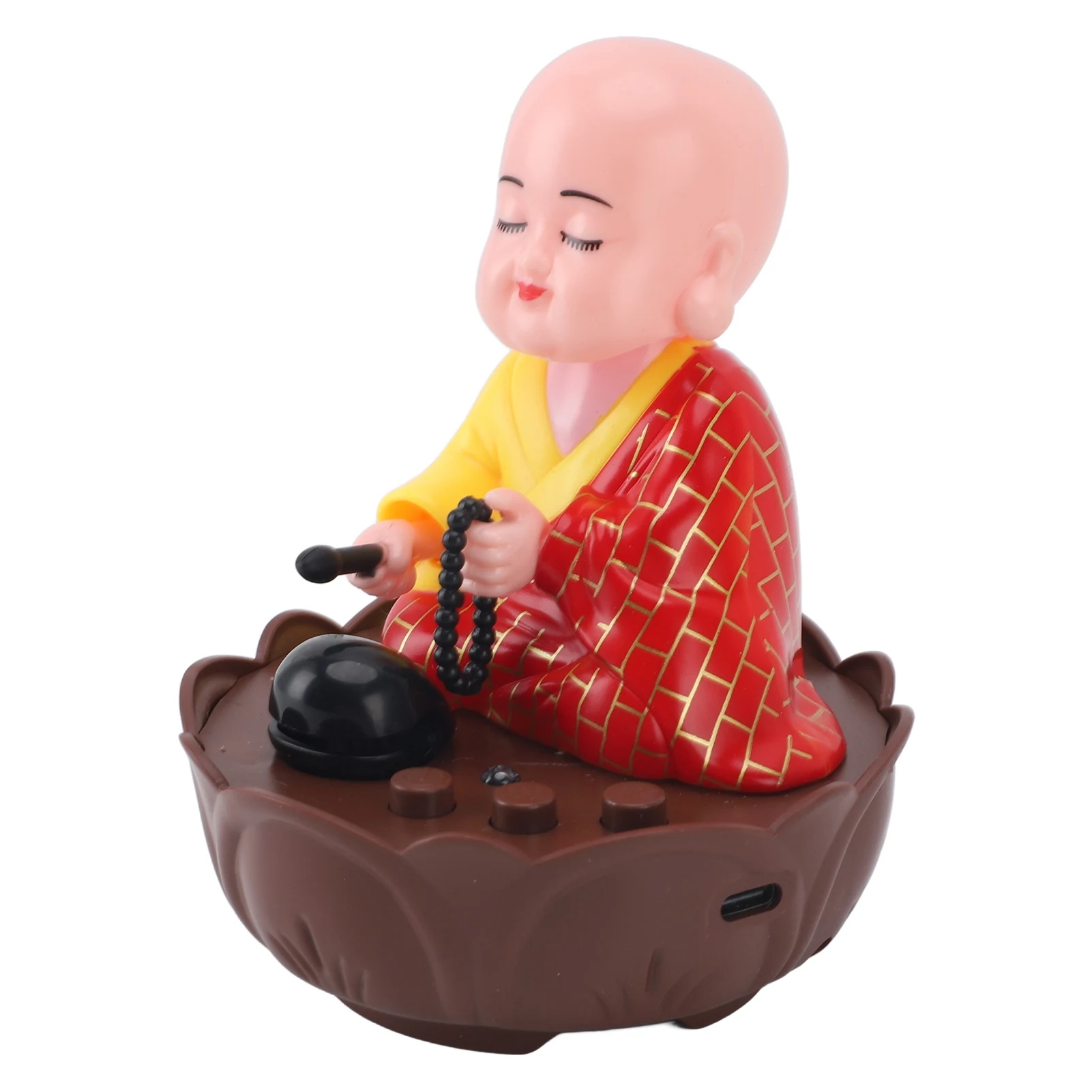 Musical Nodding Monk Figurine Decoration Plastic Moving Head Buddha Statue with USB Charging Cable for Car Dashboard Home