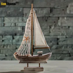 Vintage Mediterranean Style Wooden Sailboat Model Handmade Desktop Ornament Home Decoration