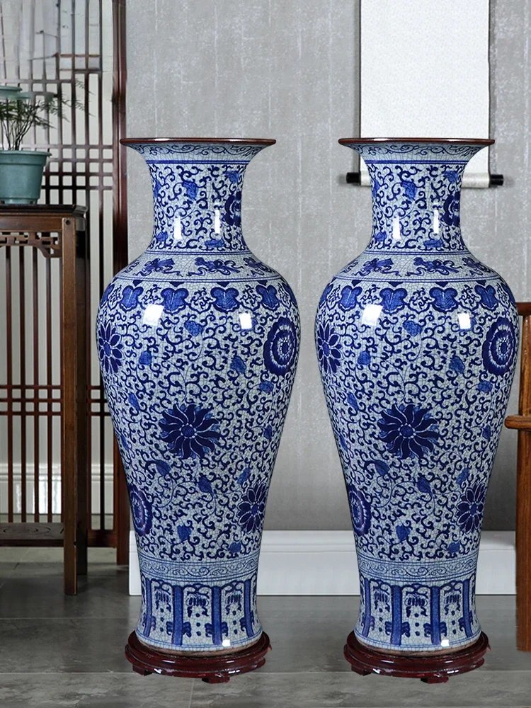 

Jingdezhen Ceramic Floor Vase Fake Antique Blue and White Porcelain Bottle Living Room Flower Arrangement Chinese Style