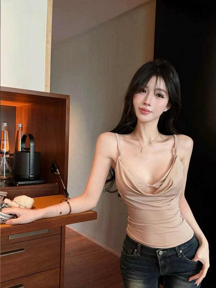 Beaded collar sexy hollow out slim fitting camisole top for women summer wear with spicy girl vest