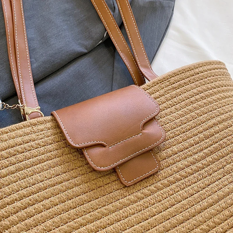 Sac fourre-tout décontracté en paille pour femme, style occidental, panier de légumes rétro français, sac à bandoulière, vacances à la mer, plage,