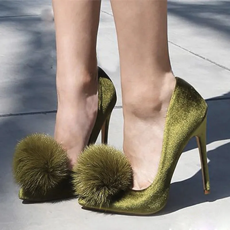 

Real Rabbit Fur Ball Green Claret Red Velvet Pumps Stiletto High Heel Pointed Toe Fur Pompon Denim Heels Single Shoes