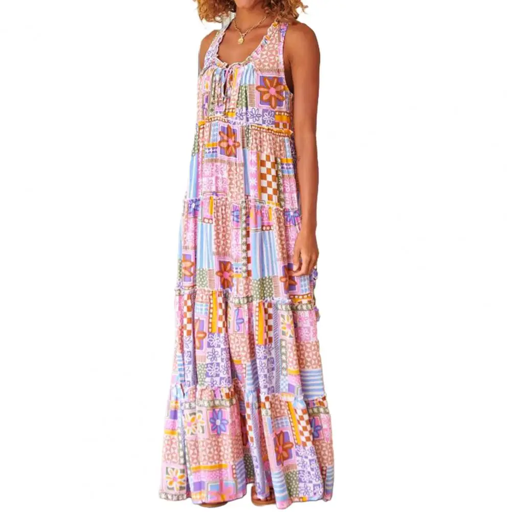 

Women Spring Dress Bohemian Maxi Dress with Flower Print A-line Shirring for Women Summer Soft Round Neck Patchwork Women Summer