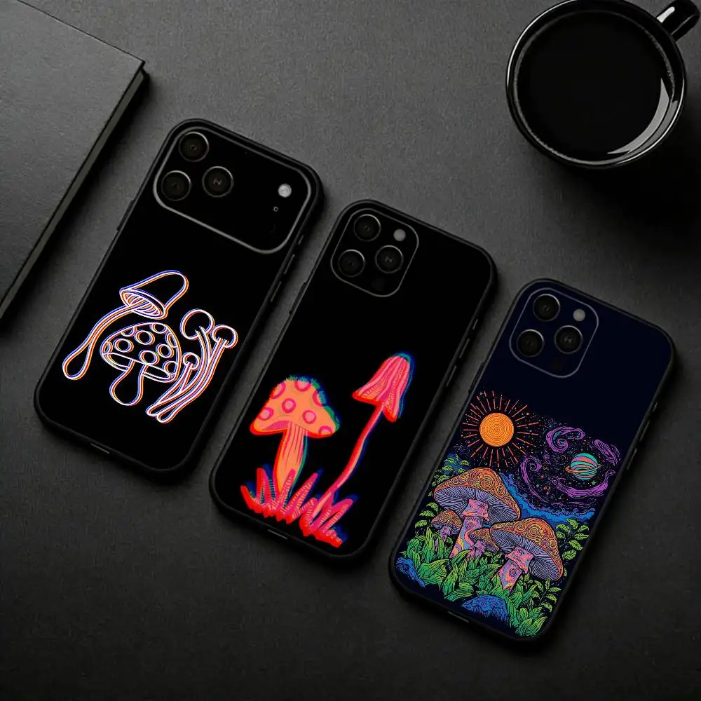 

T-Trippy Psychedelic Mushrooms Phone Case For iPhone 17pro,16,15,14,13,12,11 Plus,Pro Max,XS,Soft Silicone Black Cover