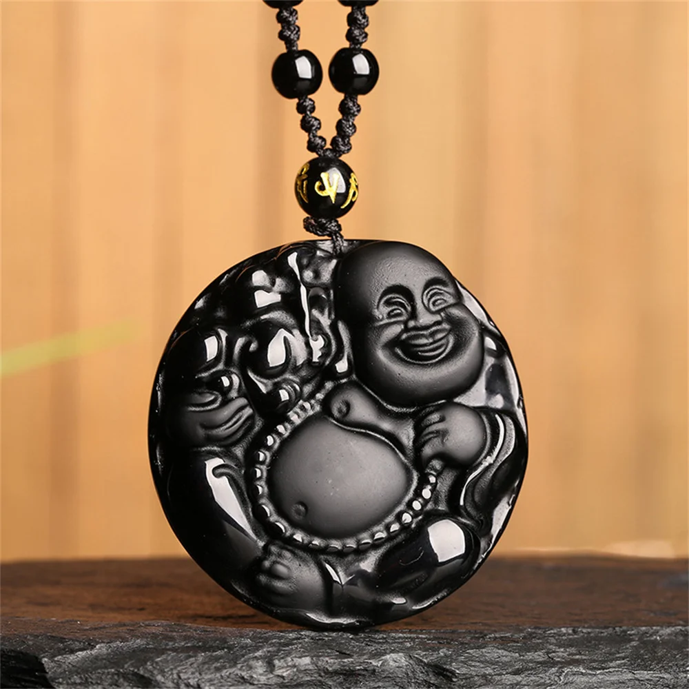 Charming Natural Black Obsidian Carved Chinese Laughing Buddha Blessing Amulet Lucky Pendant Beads Necklace Trendy Gift Jewelry